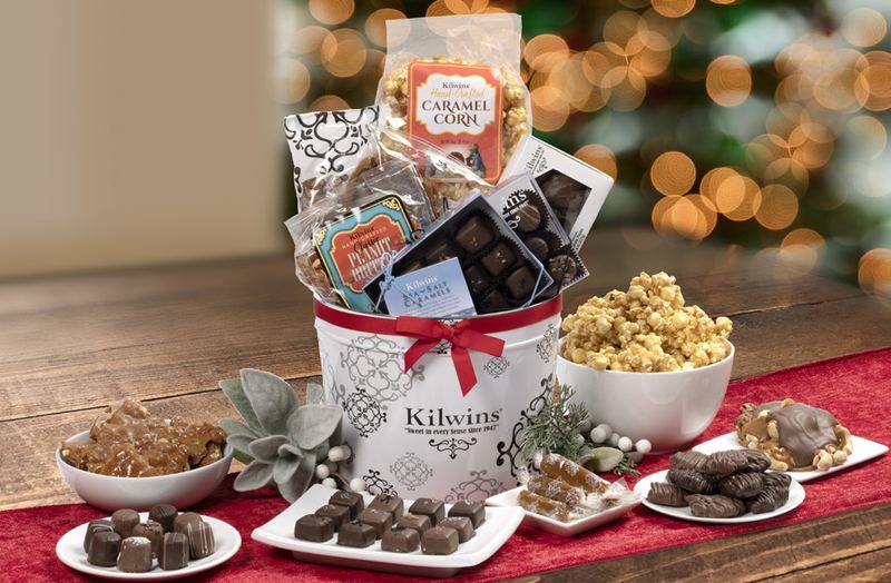 A custom Kilwins gift basket of chocolates, caramel corn and confections